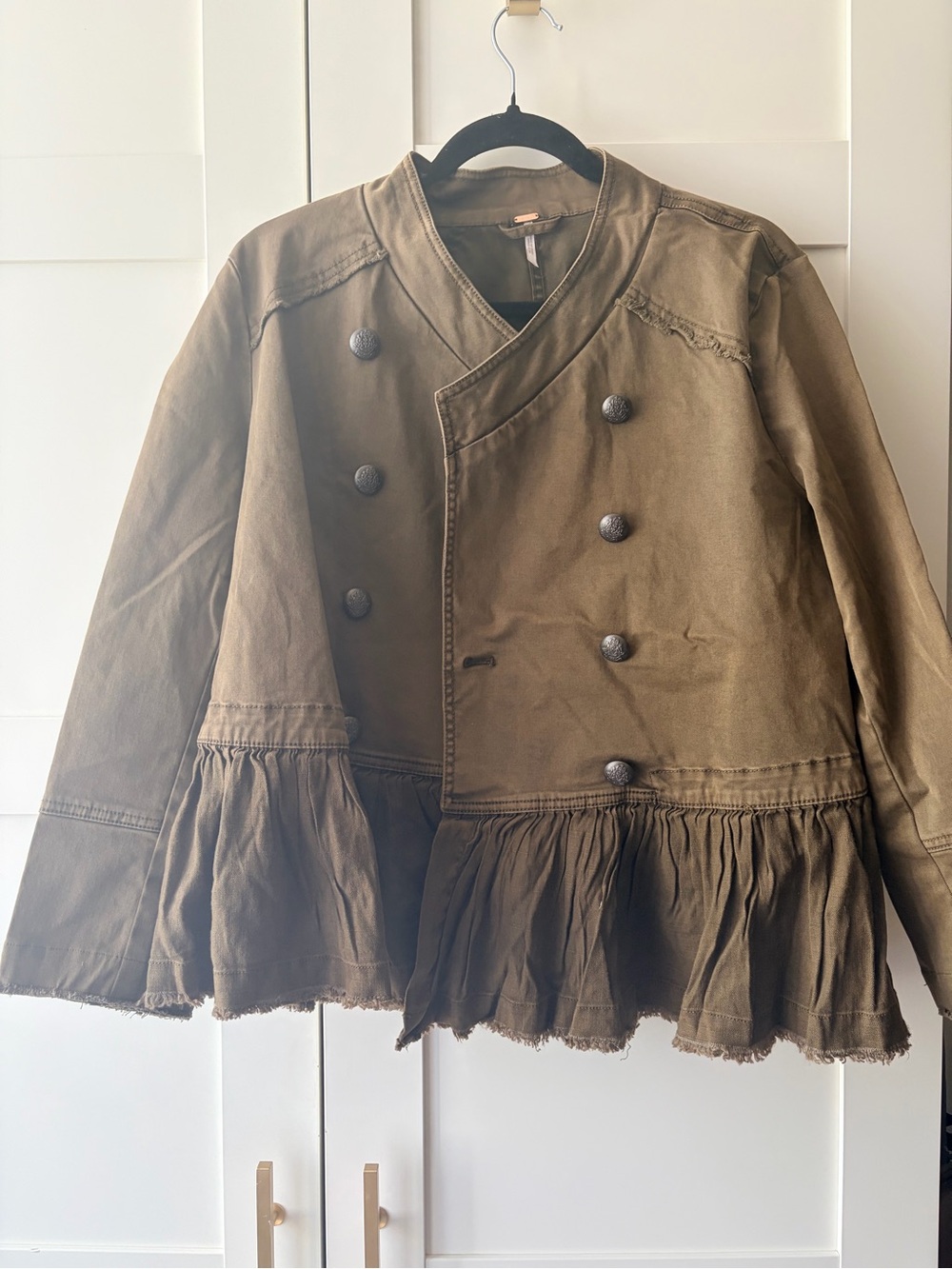 Free People Olive Brown Ruffled Double-Breasted Jacket